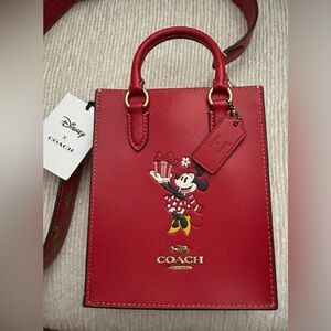 NWT Disney x Coach North South Mini Tote Red Holiday Leather Minnie